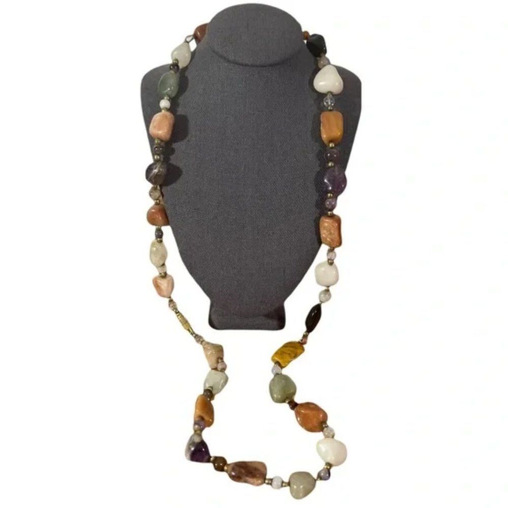 Colorful Stone Layering Necklace With Beads Between Stones Mystery Closure Clasp - Picture 2 of 13